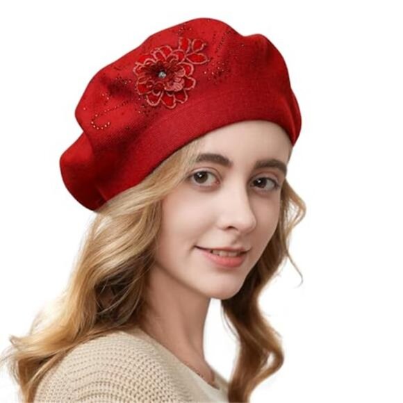 Women's Flower Embroidery Beret Hat French Style Knitted Beret Hat